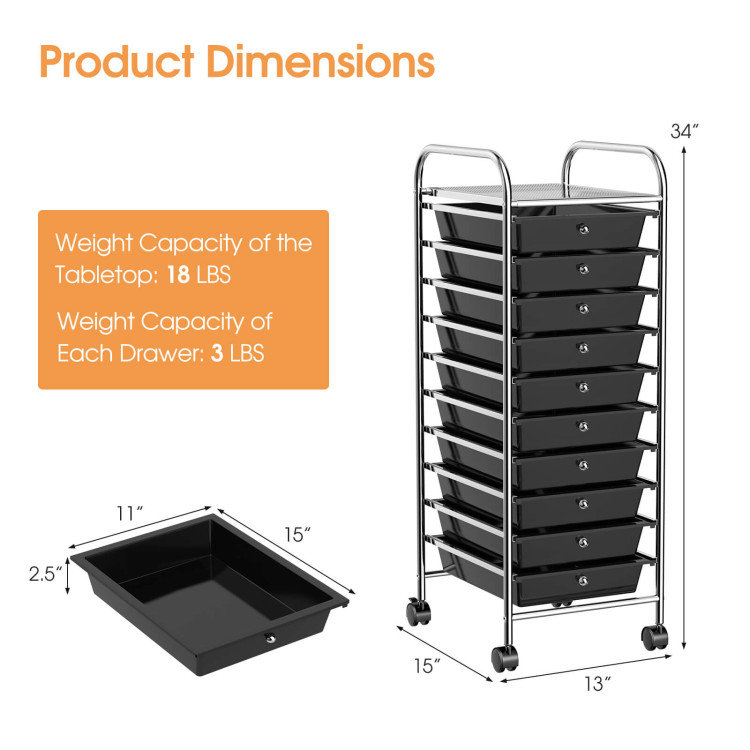 10 Drawer Rolling Storage Cart Organizer with 4 Universal Casters-Black - Gallery View 5 of 11